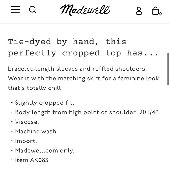 LN Madewell Tie-Dye Ruffle Shoulder Cropped Blouse in Egyptian Gold Tie Dye - M - Picture 13 of 16